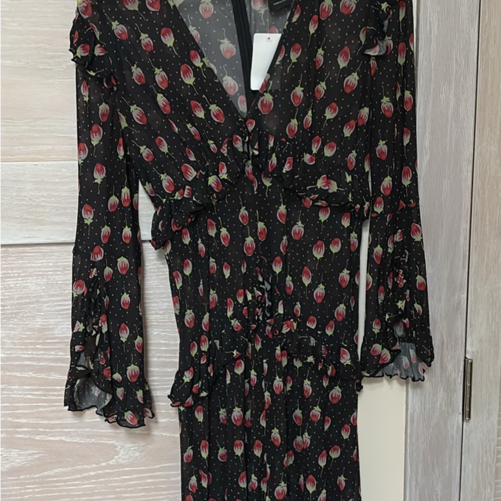 Anna Sui Black and Pink Sheath Midi Dress with Bell Sleeves